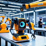 **

A futuristic, brightly lit smart factory scene.  Robots collaborate with humans to assemble intricate components. Focus on the integration of AI and robotics, conveying efficiency and precision. IoT devices are visible, contributing to the automated process.

**