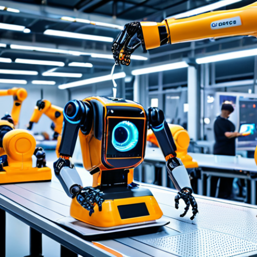 **

A futuristic, brightly lit smart factory scene.  Robots collaborate with humans to assemble intricate components. Focus on the integration of AI and robotics, conveying efficiency and precision. IoT devices are visible, contributing to the automated process.

**