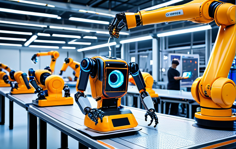 **

A futuristic, brightly lit smart factory scene.  Robots collaborate with humans to assemble intricate components. Focus on the integration of AI and robotics, conveying efficiency and precision. IoT devices are visible, contributing to the automated process.

**